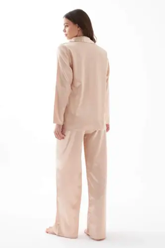 Women's Beige Oversize Satin Pajama Set - 5