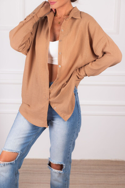 Women's Beige Oversized Textured Linen-Look Wide Sleeve Shirt ARM-24K001001 - 3