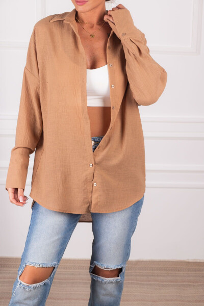 Women's Beige Oversized Textured Linen-Look Wide Sleeve Shirt ARM-24K001001 - 4