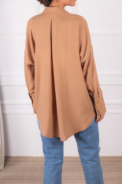 Women's Beige Oversized Textured Linen-Look Wide Sleeve Shirt ARM-24K001001 - 5