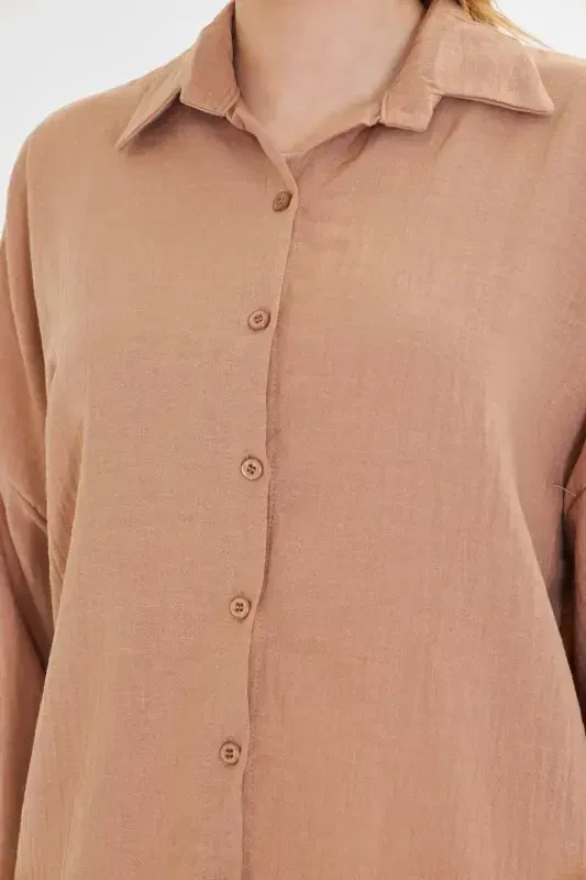Women's Beige Oversized Textured Linen-Look Wide Sleeve Shirt ARM-24K001001 - 2