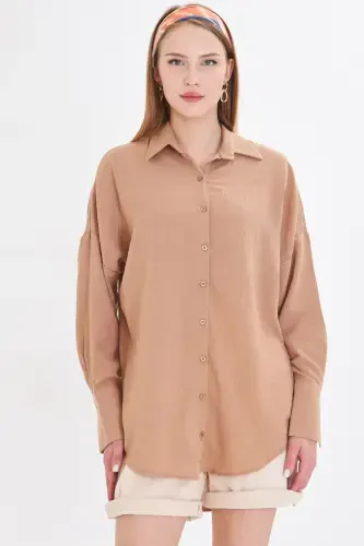 Women's Beige Oversized Textured Linen-Look Wide Sleeve Shirt ARM-24K001001 - 3