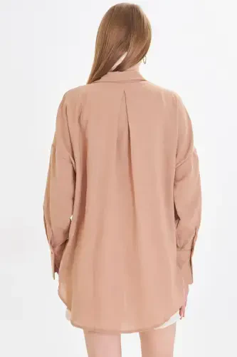 Women's Beige Oversized Textured Linen-Look Wide Sleeve Shirt ARM-24K001001 - 4