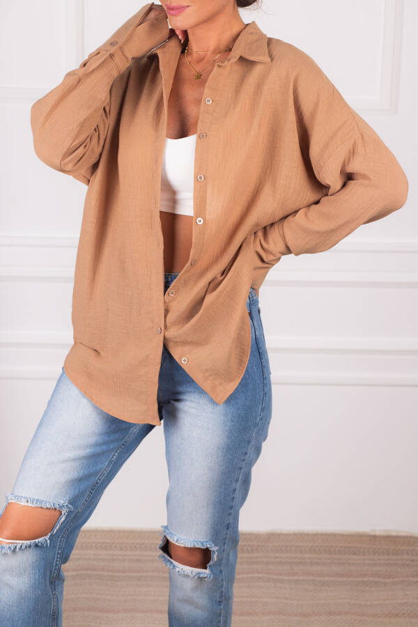 Women's Beige Oversized Textured Linen-Look Wide Sleeve Shirt ARM-24K001001 - 8