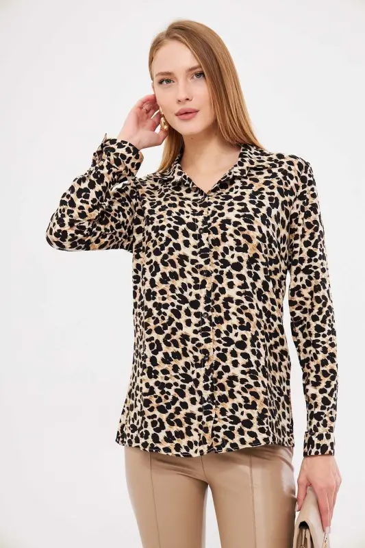 Women's Beige Patterned Long Sleeve Shirt ARM-25K001040 - 2