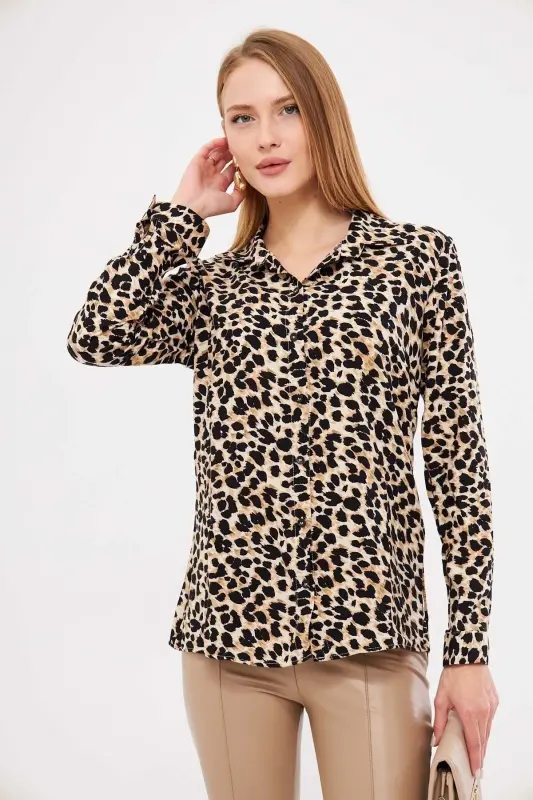 Women's Beige Patterned Long Sleeve Shirt ARM-25K001040 - 3