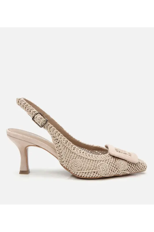 Women's Beige Patterned Open Back Heels - HOTIÇ