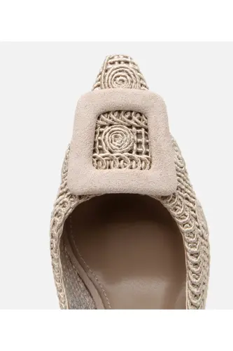 Women's Beige Patterned Open Back Heels - 4