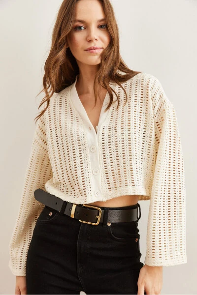 Women's Beige Perforated Button-Up Cropped Knitted Cardigan HRK-19000311 - 5