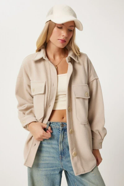 Women's Beige Pocket Cashmere Shirt Jacket NV00071 - HAPPINESS İSTANBUL