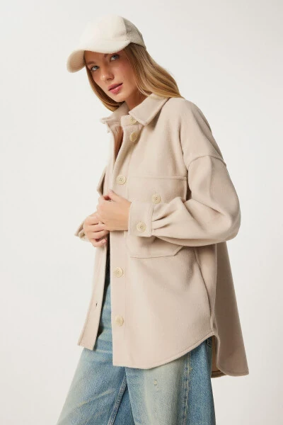 Women's Beige Pocket Cashmere Shirt Jacket NV00071 - HAPPINESS İSTANBUL (1)