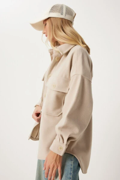 Women's Beige Pocket Cashmere Shirt Jacket NV00071 - 3