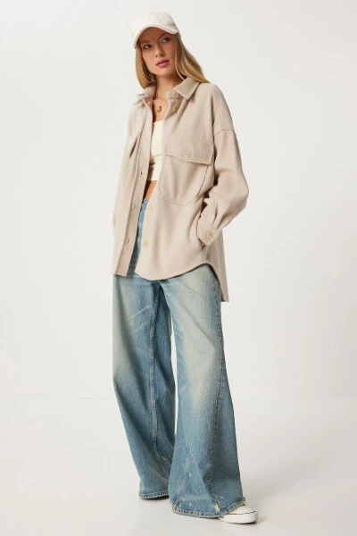 Women's Beige Pocket Cashmere Shirt Jacket NV00071 - 4