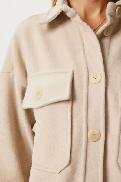 Women's Beige Pocket Cashmere Shirt Jacket NV00071 - 5