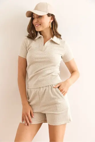 Women's Beige Polo Collar Blouse and Shorts Set TKM-190004 - 3
