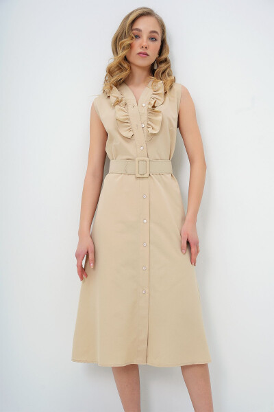 Women's Beige Poplin Woven Dress with Ruffle Front and Belt ALC-X11609 - TREND ALAÇATI STILI