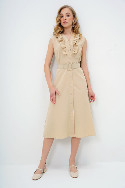 Women's Beige Poplin Woven Dress with Ruffle Front and Belt ALC-X11609 - TREND ALAÇATI STILI (1)