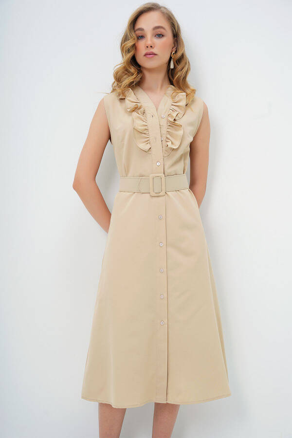 Women's Beige Poplin Woven Dress with Ruffle Front and Belt ALC-X11609 - 3