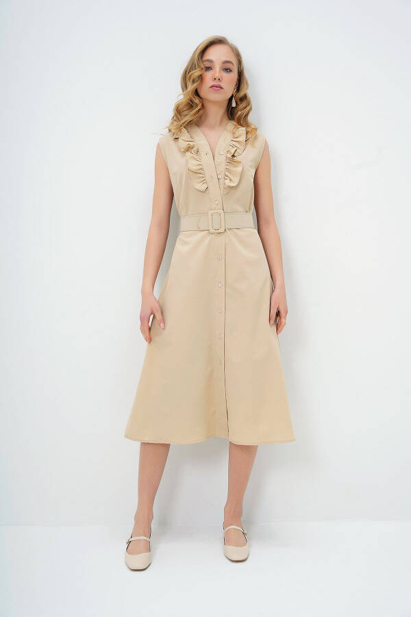 Women's Beige Poplin Woven Dress with Ruffle Front and Belt ALC-X11609 - 5