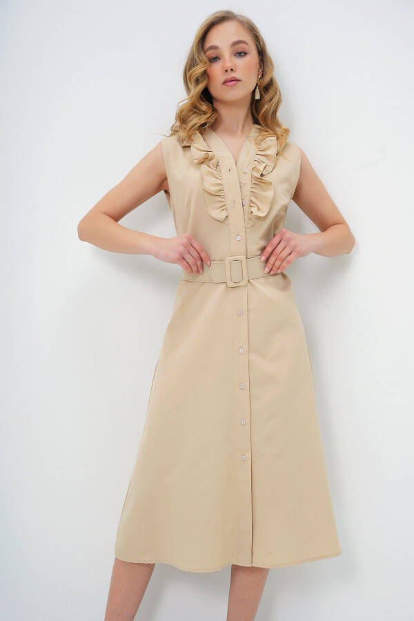 Women's Beige Poplin Woven Dress with Ruffle Front and Belt ALC-X11609 - 6
