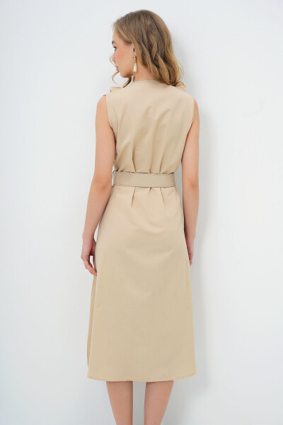 Women's Beige Poplin Woven Dress with Ruffle Front and Belt ALC-X11609 - 7