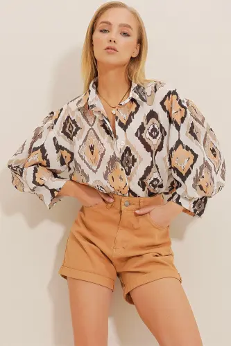 Women's Beige Princess Ethnic Patterned Flamed Linen Woven Shirt ALC-X10396-Beige - TREND ALAÇATI STILI (1)