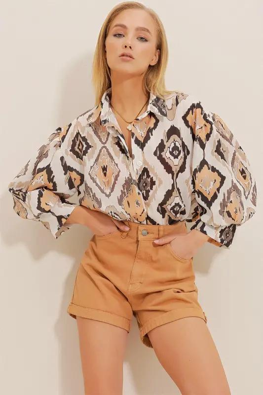 Women's Beige Princess Ethnic Patterned Flamed Linen Woven Shirt ALC-X10396-Beige - 2