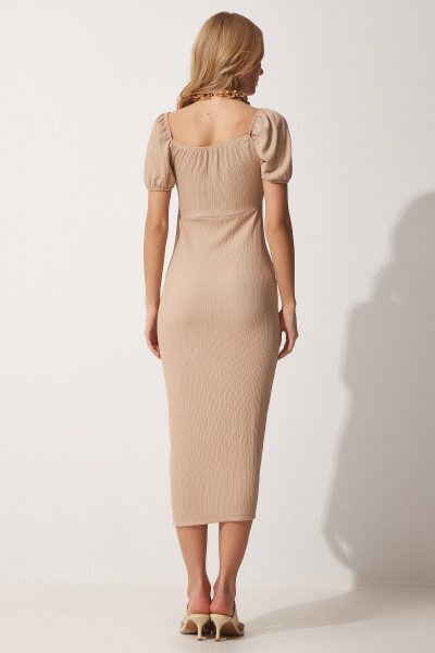 Women's Beige Ruched Fitted Summer Knitted Dress DD01202 - 4