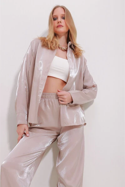Women's Beige Shiny Woven Oversize Shirt ALC-X11492 - TREND ALAÇATI STILI