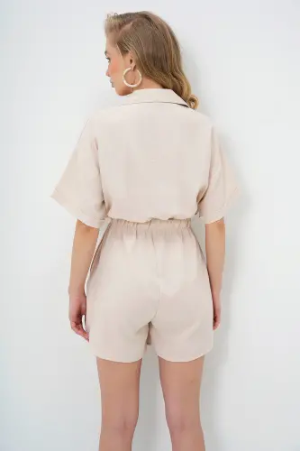 Women's Beige Shirt Collar Double Pocket Shorts Jumpsuit ALC-X11611 - 6