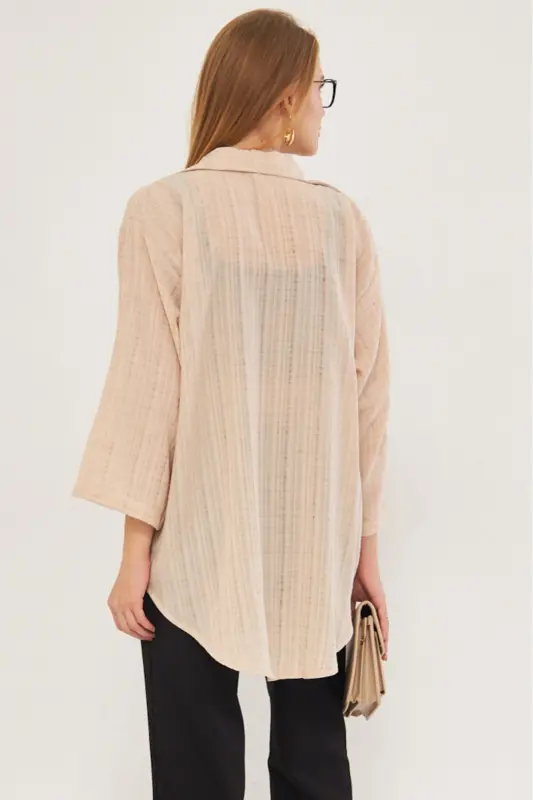 Women's Beige Shirt Collar Front Tie Kimono Top - 4