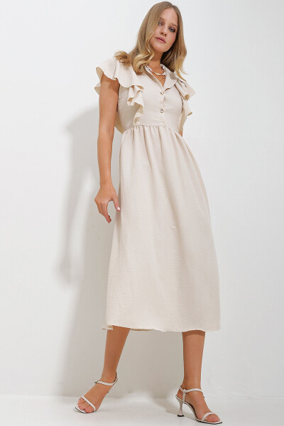 Women's Beige Shirt Collar Half-Open Ruffled Detail Hidden Zipper Midi Dress ALC-X11636 - 1