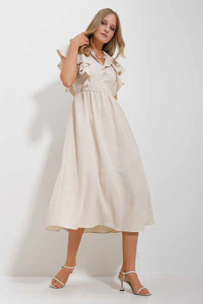 Women's Beige Shirt Collar Half-Open Ruffled Detail Hidden Zipper Midi Dress ALC-X11636 - 2