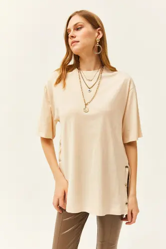Women's Beige Side Button Cotton T-Shirt TSH-19000762 - 3