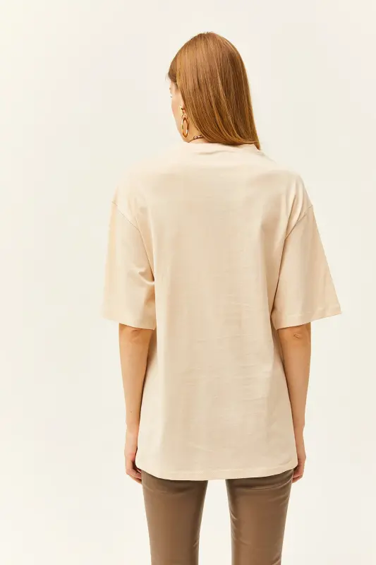 Women's Beige Side Button Cotton T-Shirt TSH-19000762 - 5
