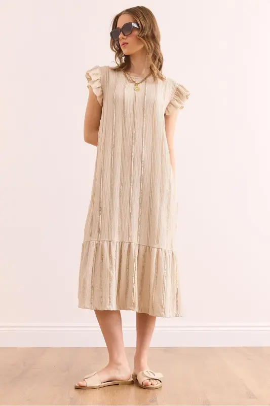 Women's Beige Sleeve Skirt Ruffled Textured Midi Dress DR - 1