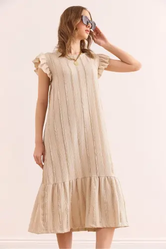 Women's Beige Sleeve Skirt Ruffled Textured Midi Dress DR - OLALOOK (1)