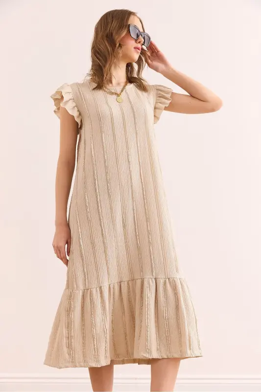 Women's Beige Sleeve Skirt Ruffled Textured Midi Dress DR - 2