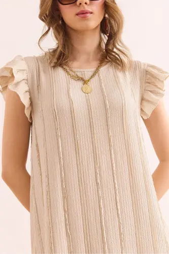 Women's Beige Sleeve Skirt Ruffled Textured Midi Dress DR - 3