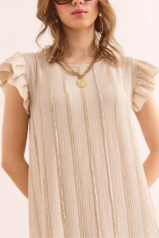 Women's Beige Sleeve Skirt Ruffled Textured Midi Dress DR - 3