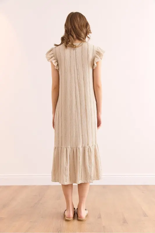 Women's Beige Sleeve Skirt Ruffled Textured Midi Dress DR - 4