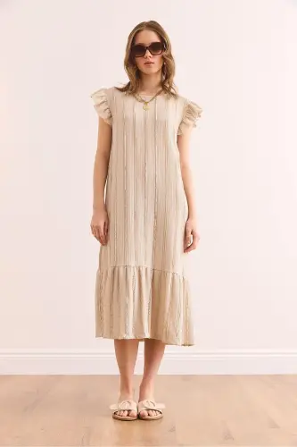 Women's Beige Sleeve Skirt Ruffled Textured Midi Dress DR - 5