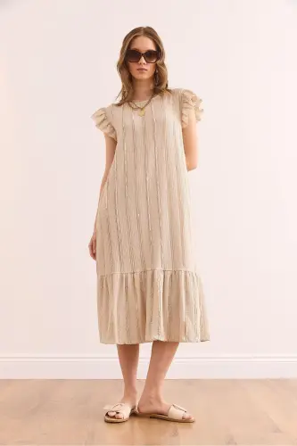 Women's Beige Sleeve Skirt Ruffled Textured Midi Dress DR - 6