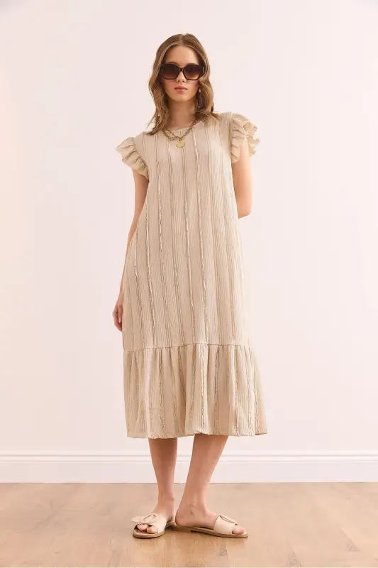Women's Beige Sleeve Skirt Ruffled Textured Midi Dress DR - 6