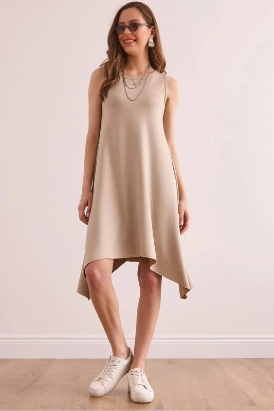 Women's Beige Soft Touch Sleeveless Bell Dress ELB-190 - OLALOOK