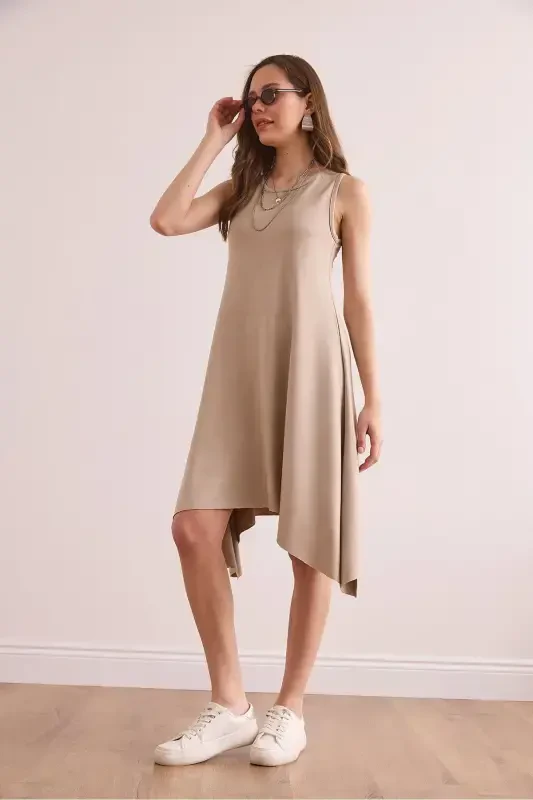 Women's Beige Soft Touch Sleeveless Bell Dress ELB-190 - 3