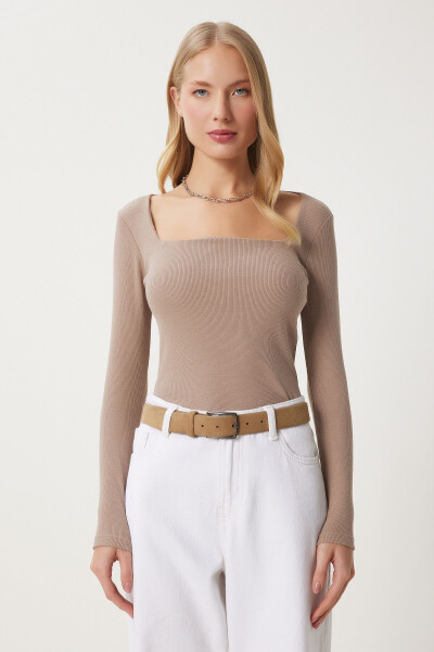 Women's Beige Square Neck Ribbed Knit Blouse GT00052 - 4