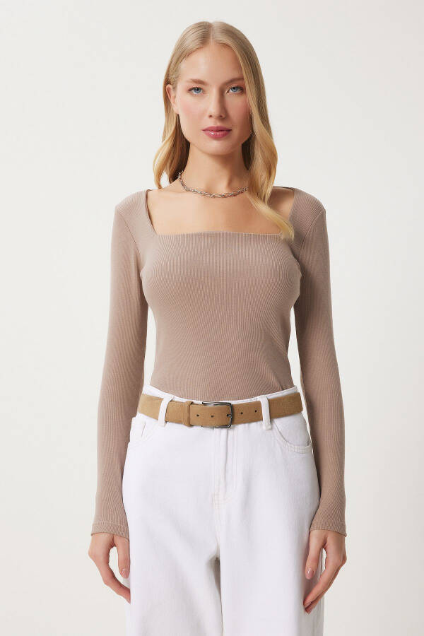 Women's Beige Square Neck Ribbed Knit Blouse GT00052 - 4