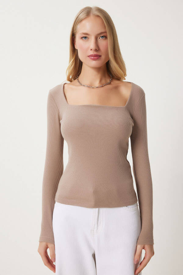 Women's Beige Square Neck Ribbed Knit Blouse GT00052 - 5