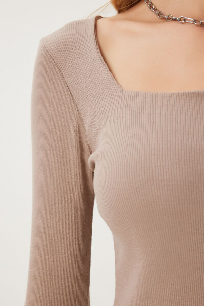 Women's Beige Square Neck Ribbed Knit Blouse GT00052 - 6